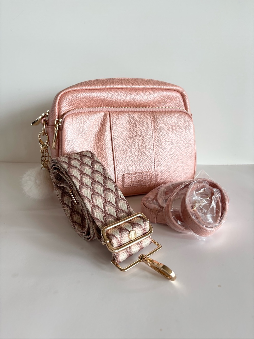 NWOT Pom Pom London Leather Original Plus Handbag Metallic Rose Gold Pink